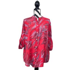 Made in Italy Leaf Floral Sz L 100% Cotton Button Front Tunic Blouse